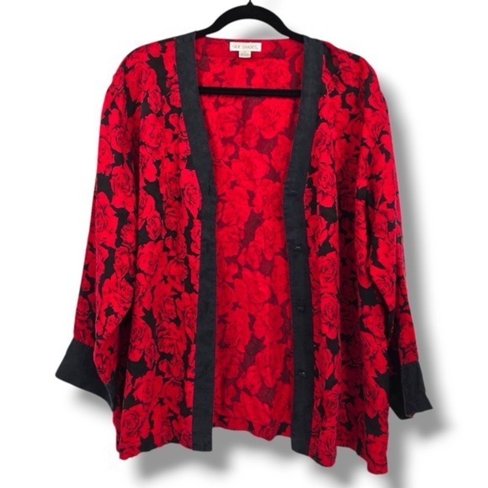 Silk‎ Shades Floral Kimono Jacket Red Rose Print 100% Silk Open Front Cardigan M